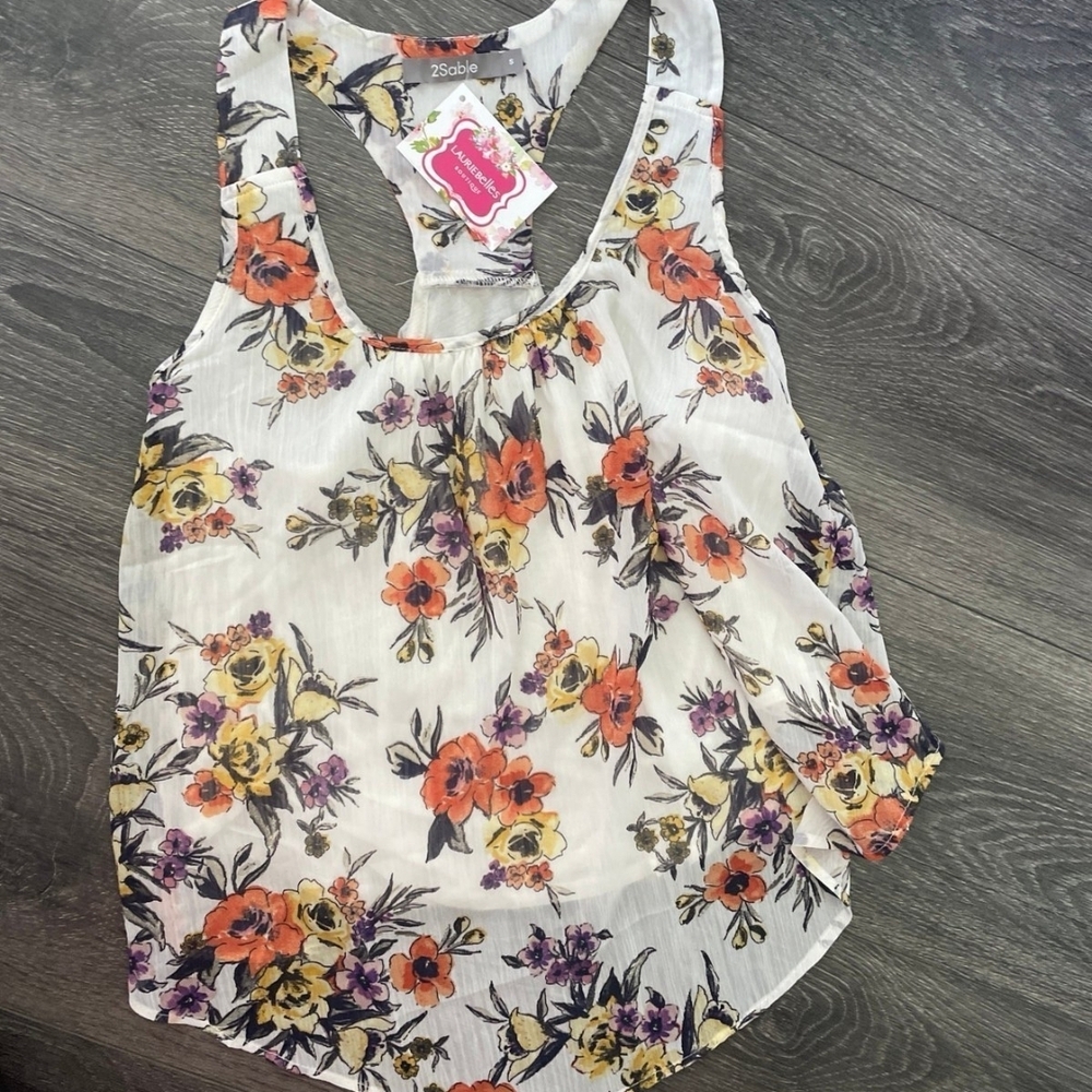 Zoe Floral Racerback Tank Top - White with Orange and Purple Flowers